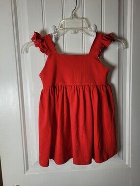 Emma Blake Red Girls Ruffle Strap Smock with blue and white bow on back Size 5